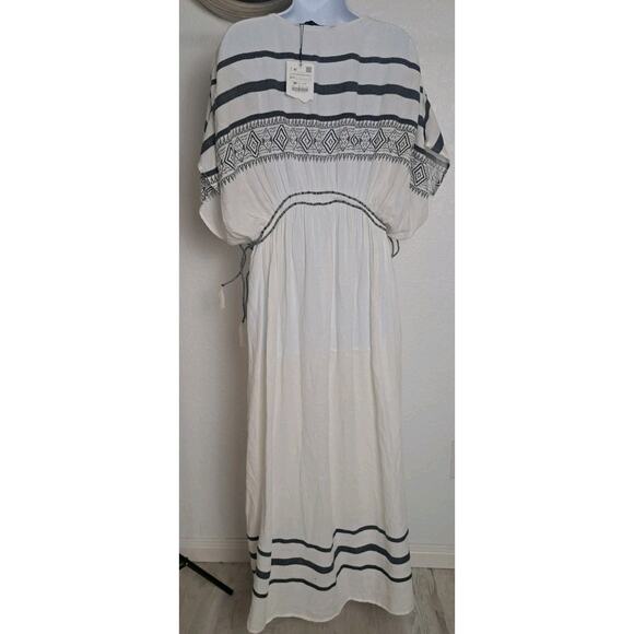 ZARA Boho Kaftan Dress Ecru Beaded XS/S Maxi Adjustable Waist Gypsy Festival - Picture 7 of 14